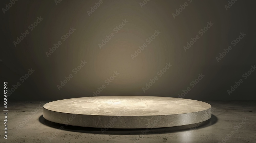 Empty round marble podium on dark background. Round marble product display stand, empty podium in dark room with spotlight, 3D rendering Empty round marble podium on dark background. Round marble product display stand, empty podium in dark room with spotlight, 3D rendering