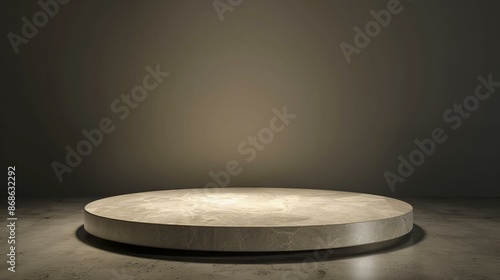 Empty round marble podium on dark background. Round marble product display stand, empty podium in dark room with spotlight, 3D rendering