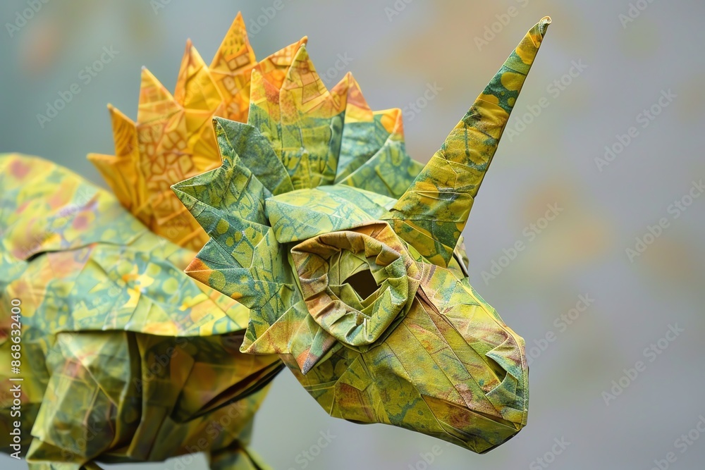 Fototapeta premium Creative and colorful origami dinosaur crafted from patterned paper, showcasing intricate folds and detailed design.