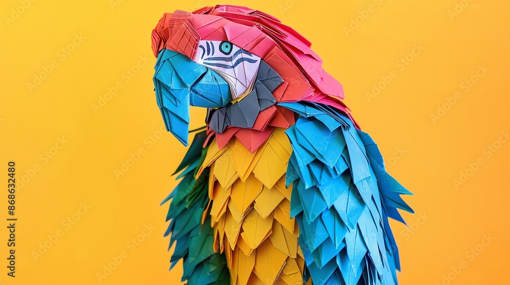Obraz premium Colorful paper macaw parrot crafted from origami paper against a vibrant yellow background, showcasing intricate detail and artistry.