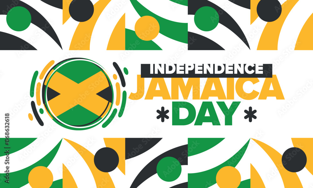 Obraz premium Jamaica Independence Day. Independence of Jamaica. Holiday, celebrated annual in August 6. Jamaica flag. Patriotic element. Poster, greeting card, banner and background. Vector illustration