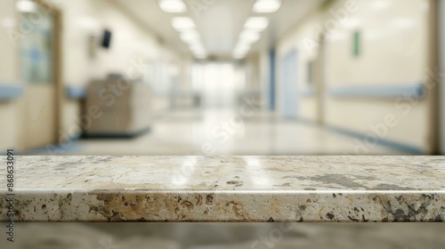 Empty marble countertop with blurred hospital corridor background. Blurred hospital corridor with empty marble countertop, ideal for product placement or medical background. © Lull