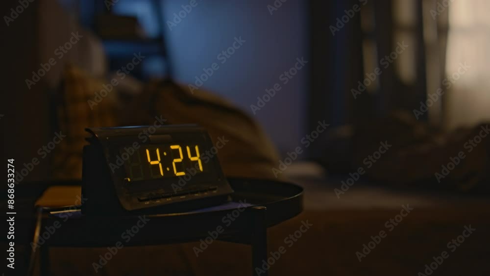 No people shot of digital clock on bedside table in darkened room at half past four in early morning, copy space