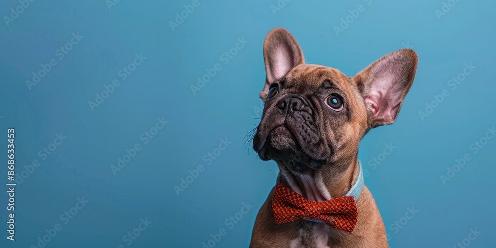 Fototapeta premium Charming French Bulldog puppy wearing a bowtie, looking up thoughtfully, plain light blue studio background, ample copy space on the right.