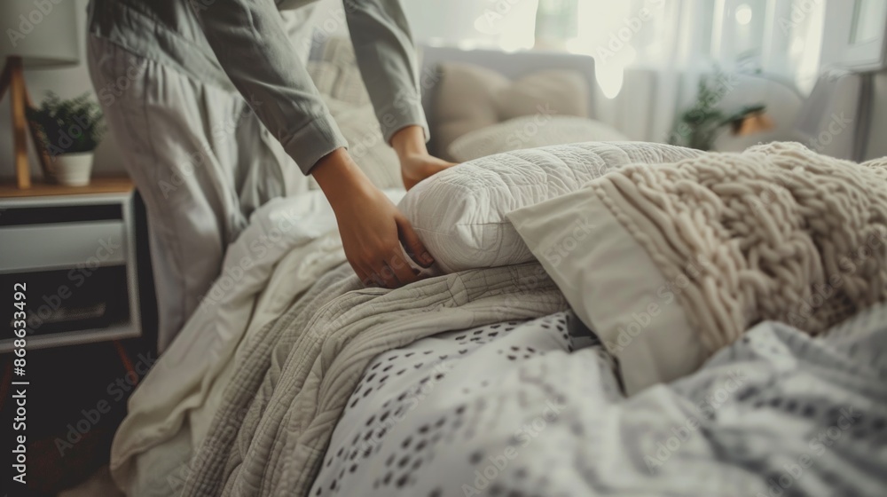 A cozy bedroom being tidied up, with someone making the bed, arranging pillows, and straightening up the nightstand. A cozy bedroom being tidied up, with someone making the bed, arranging pillows, and straightening up the nightstand.