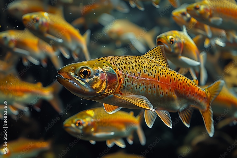 Naklejka premium Rainbow Trout Fingerlings in Hatchery Incubator, Far East Russia