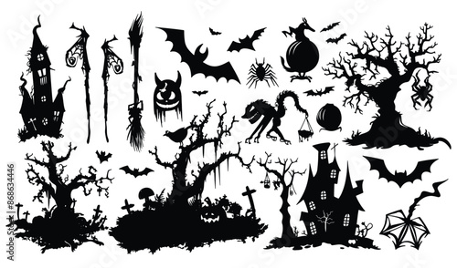 Set of 24 isolated Halloween decorations in silhouette illustration style of Jack o'lantern, bat, haunted house and tree and graveyard on transparent background. Volume 6.