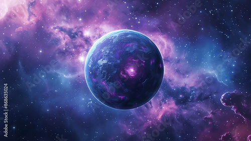 This is a beautiful space image of a distant planet. The planet is a deep blue color with a glowing purple atmosphere.