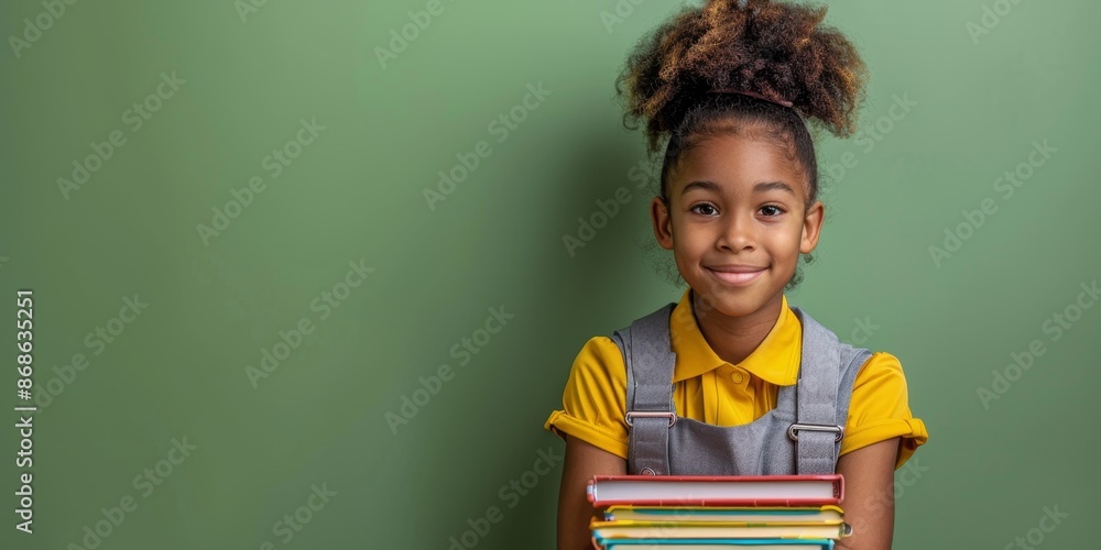 Happy African American girl sitting with a stack of textbooks, wearing a school uniform, plain green studio background, ample copy space on the right. Happy African American girl sitting with a stack of textbooks, wearing a school uniform, plain green studio background, ample copy space on the right.