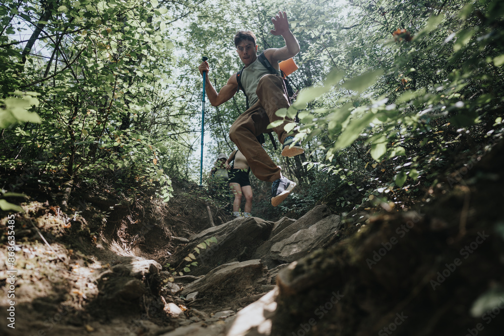 A group of young friends enjoy an adventurous hike through a lush forest on a sunny day, embracing nature and staying active. A group of young friends enjoy an adventurous hike through a lush forest on a sunny day, embracing nature and staying active.