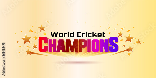 Modern world cricket sports champion logo 3d text with golden sparkle celebration background.
