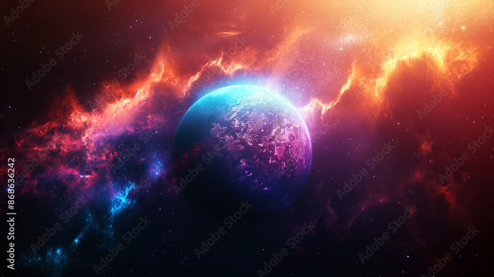 Planet and sun with colored light of space Planet and sun with colored light of space