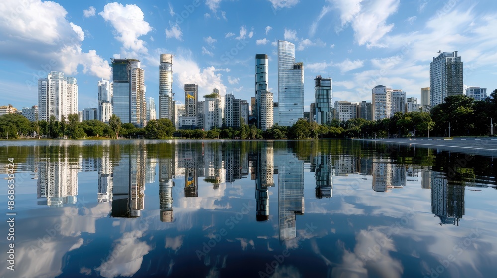 Fototapeta premium Urban skyline with lake city buildings reflected in a lake