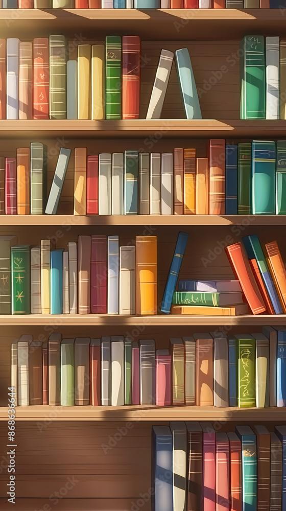 Wooden shelves with books, cute 3D drawing style, home library illustration with a variety of books Wooden shelves with books, cute 3D drawing style, home library illustration with a variety of books