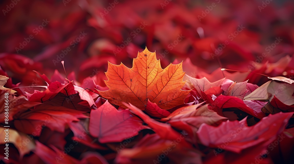 A single orange leaf sitting on top of a pile of red leaves very detailed and realistic shape A single orange leaf sitting on top of a pile of red leaves very detailed and realistic shape