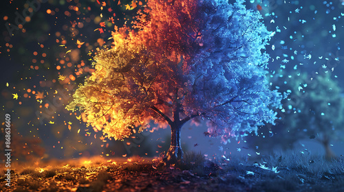 A beautiful tree with red, yellow, and blue leaves. The leaves are falling from the tree and glowing in the night sky.