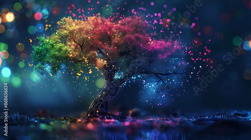 Surreal digital painting of a rainbow tree with glowing leaves and particles. © Nurlan