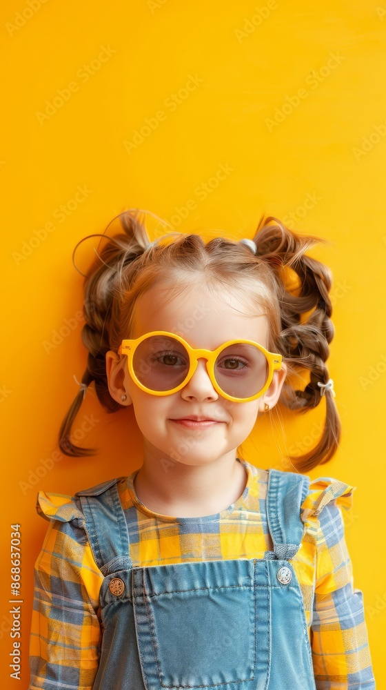 Photo funny child school girl girl on a yellow background Photo funny child school girl girl on a yellow background