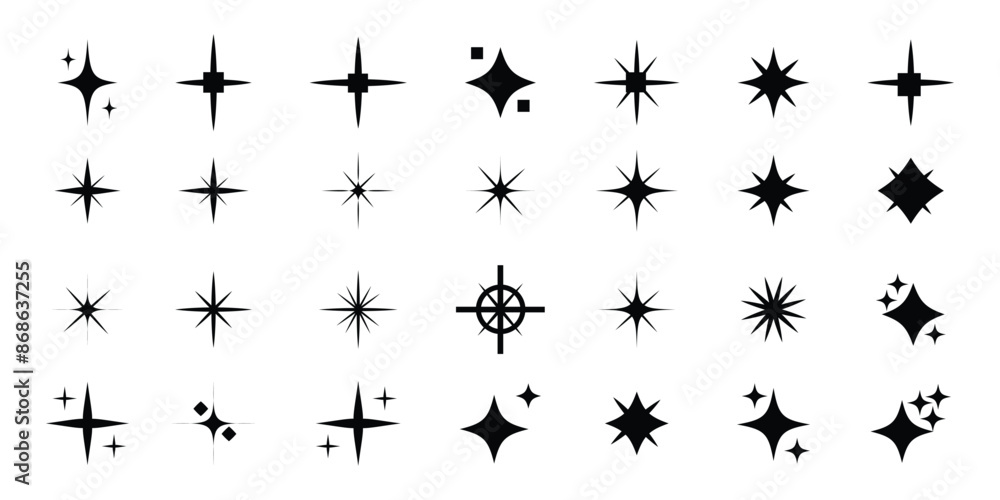 Twinkling stars. Twinkle stars collection. Shine star icons. Twinkle star shapes vector design on white background. Vector illustration. Twinkling stars. Twinkle stars collection. Shine star icons. Twinkle star shapes vector design on white background. Vector illustration.