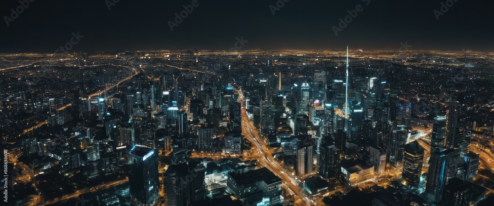 Fototapeta premium An aerial view of a city at night, showcasing numerous illuminated buildings and roads
