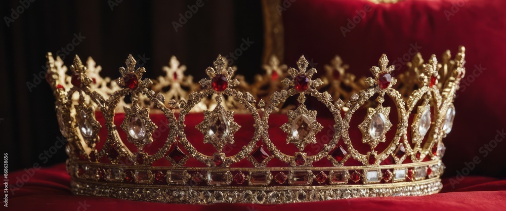 Obraz premium A close-up of a gold and ruby jeweled crown sitting on red velvet