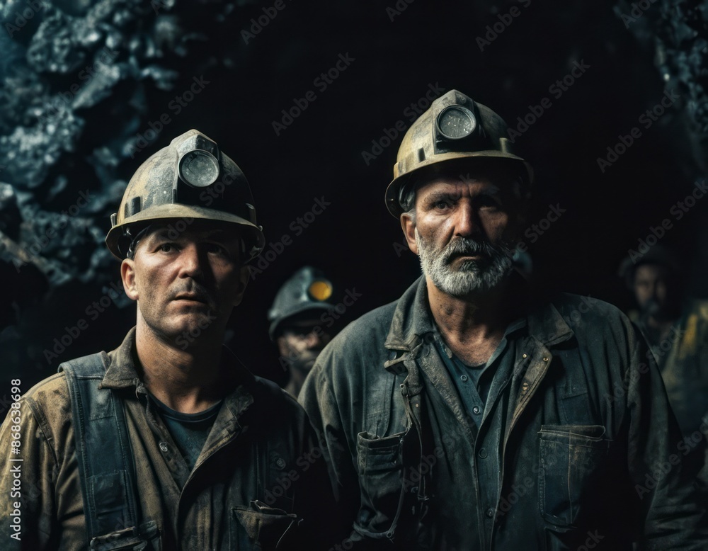 Two coal miners stand in a dark mine shaft, their headlamps illuminating the surrounding darkness Two coal miners stand in a dark mine shaft, their headlamps illuminating the surrounding darkness