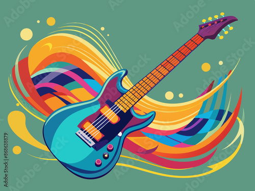 A guitar with abstract colorful sound waves emanating from it