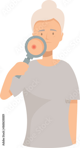 Senior woman holding magnifying glass on her face and examining her skin for wrinkles or blemishes