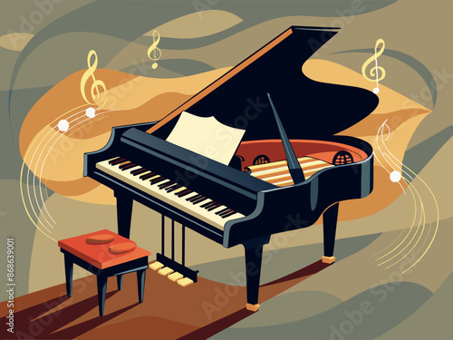 A grand piano with flowing sheet music