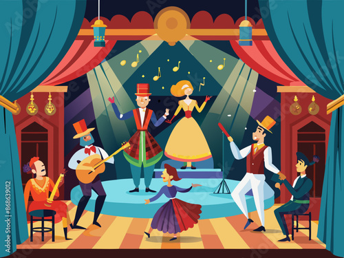 A musical theater stage with performers
