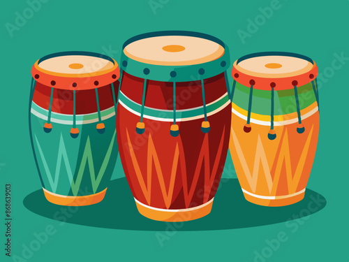 A set of conga drums with rhythmic patterns