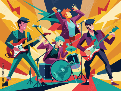 A rock band performing with electric instruments