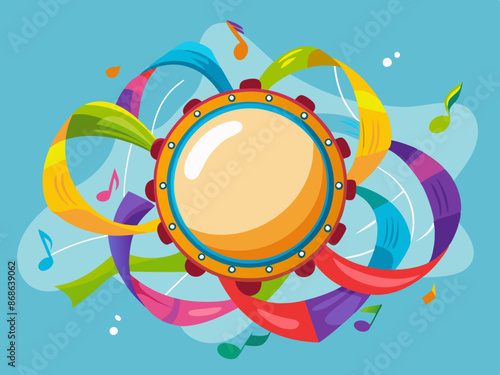 A tambourine with colorful ribbons and sound waves