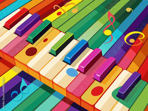 A piano keyboard with colorful notes