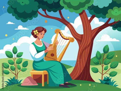 A harpist playing under a tree