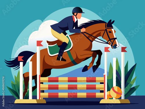 An equestrian jumping over a hurdle