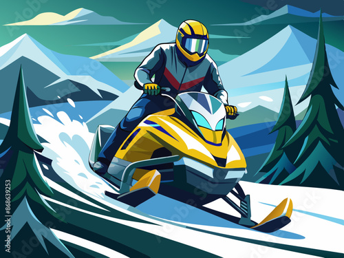 A snowmobiler racing through the snow