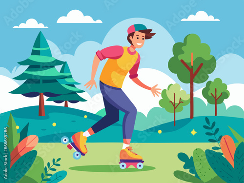 A rollerblader skating in a park