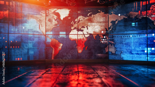 Colorful News station stage background with a world map in giant grid monitors. 