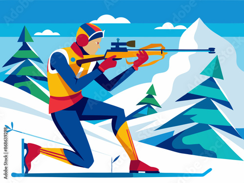 A biathlete skiing and shooting