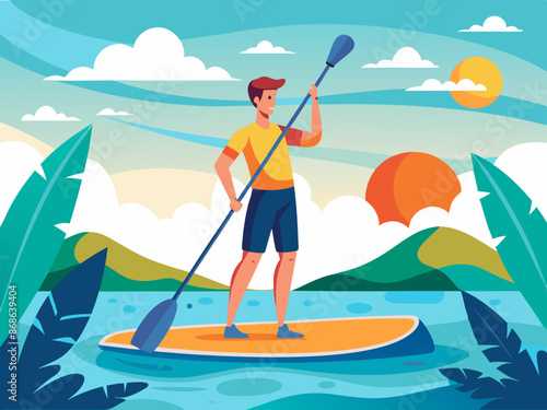 A paddleboarder standing on the board