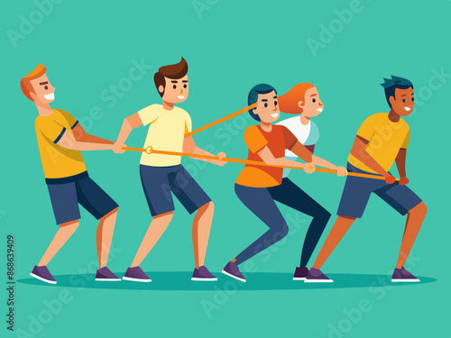 A tug of war team pulling the rope