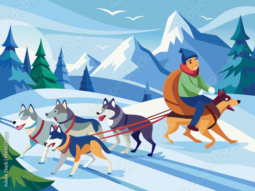 A dog sled musher racing in the snow