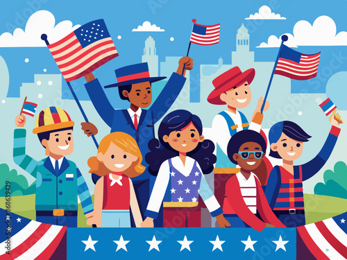 People waving from a float in a Fourth of July parade