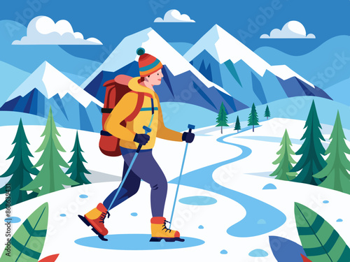 A snowshoer walking on a snowy trail