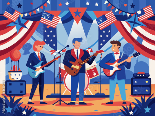 A band playing patriotic songs on a stage decorated with flags