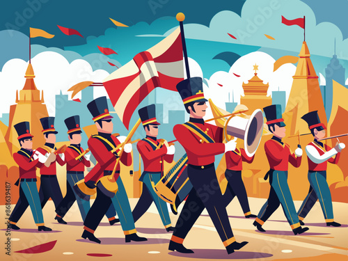 A marching band in a parade with flag bearers