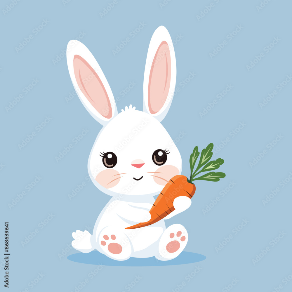 Fototapeta premium Vector illustration of a bunny with oversized ears holding a carrot on a light blue background