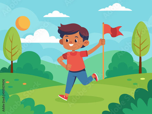 A child running with a flag in a park