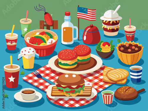 A table full of traditional American foods at a barbecue